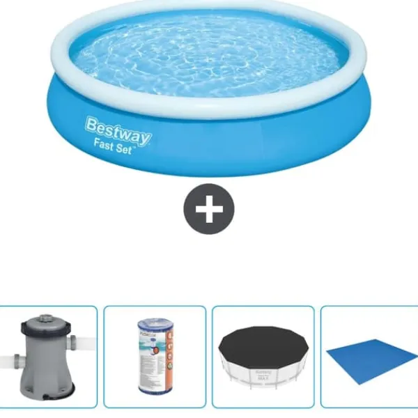 Bestway Round Uppblåsbar Fast Set Pool - 366 x 76 cm - Blå - Inklusive Tillbehör - CB52