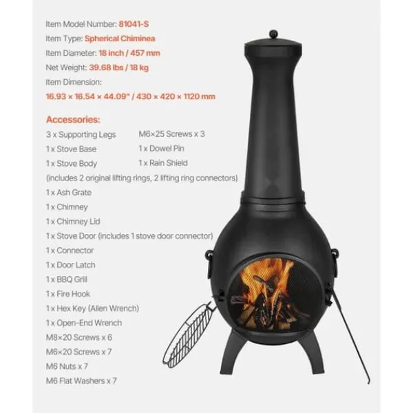 Chiminea Eldstad 18 tum, Vedeldad för Utomhus, inklusive Grillnät och Skorstensbeklädnad
