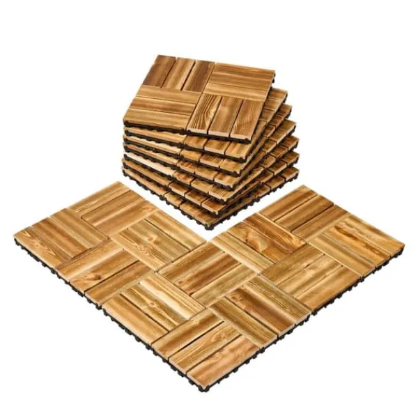 Hot Däckplattor i Massivt Trä, 10-Pack Sammankopplade, 12x12 Kamferfuru, Optimal för Veranda Trädgårdsprydnader