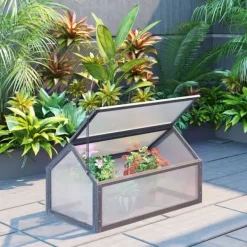 Online Drivbänk i trä 90x52x49,5 cm, ljusgenomsläppligt lock, vintertålig – grå Växthus