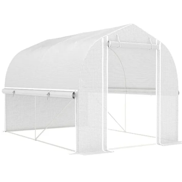 Online Folietunnel 3x2x2 m med dörr & 4 fönster, uppfällbara sidor, galvaniserat stål, UV-beständig, vit Växthus