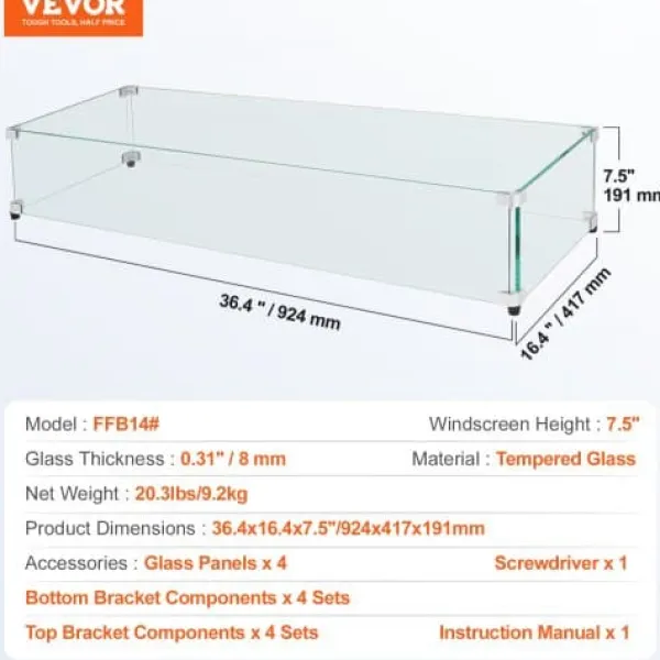 Glasvindskydd, Rektangulärt eldbord, 92.4x41.7x19.1 cm, Glas