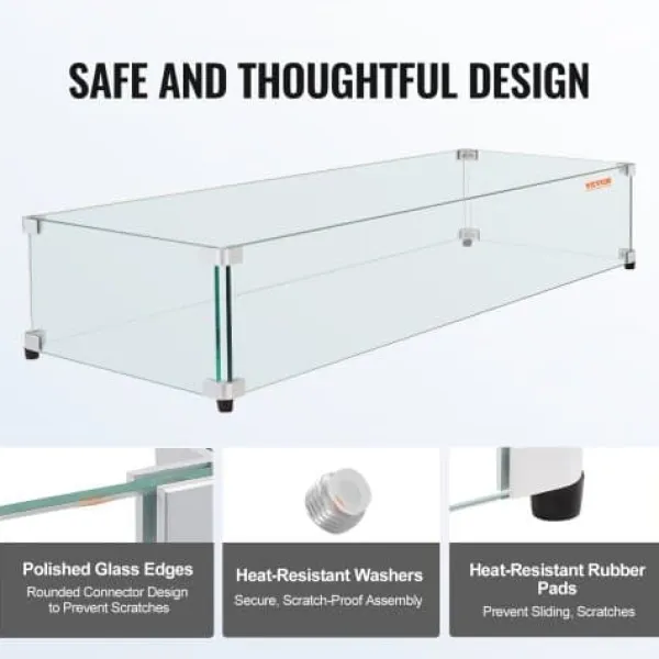 Glasvindskydd, Rektangulärt eldbord, 92.4x41.7x19.1 cm, Glas