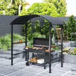 Grillpaviljong 233x110x235 cm, vindtålig med dubbeltak och hyllor, UV-skydd, stål, mörkgrå Valvbågar, Spaljéer, Bersåer & Pergolor