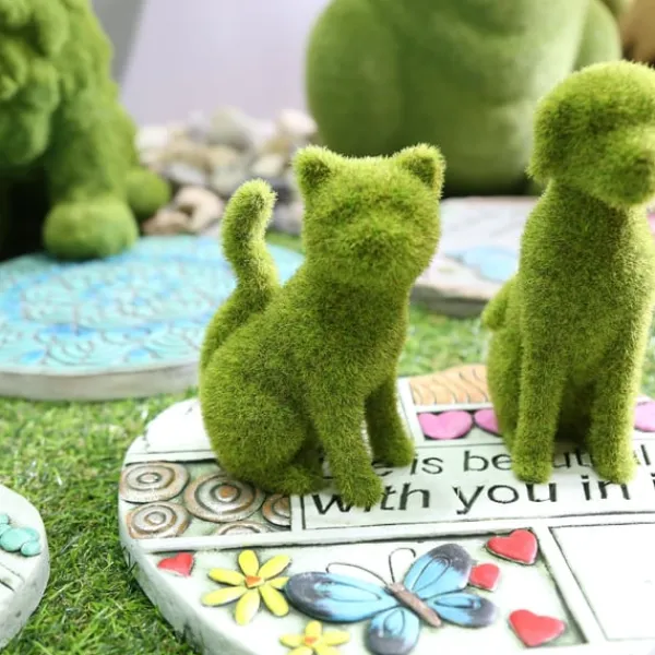 Clearance Grön sittande katt dekoration i resin med gräsimitation för utomhus trädgård och balkong Sitting kitten Trädgårdsprydnader