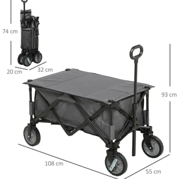 Discount Hopfällbar vagn upp till 120 kg, teleskophandtag, sidofickor & fällbar bricka, mörkgrå Trädgårdsverktyg