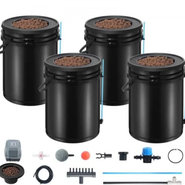 Discount Hydroponiskt odlingssystem, Deep Water Culture 4 hinkar 30x30x38 cm, svart, PP-material Kit För Växt- & Örtplantering