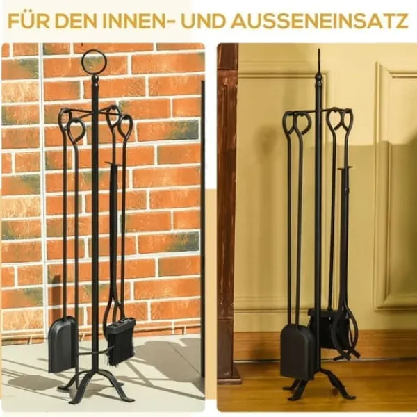 Kaminset 5-delars för inomhus: stativ och verktyg, smidesjärn, 20×20×82,5 cm, svart