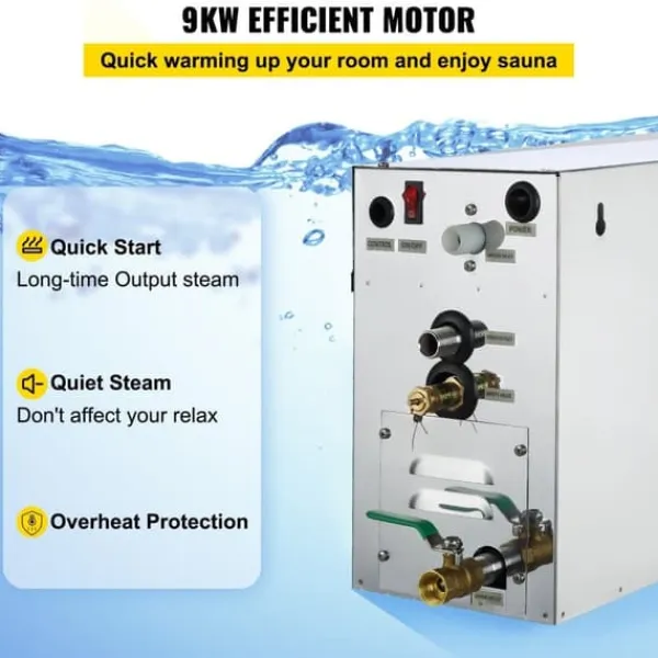 Outlet 9KW ånggenerator för SPA-rum, digital display, 35℃-55℃, bastu, hem & kommersiell ånggeneratorsats. Bastu