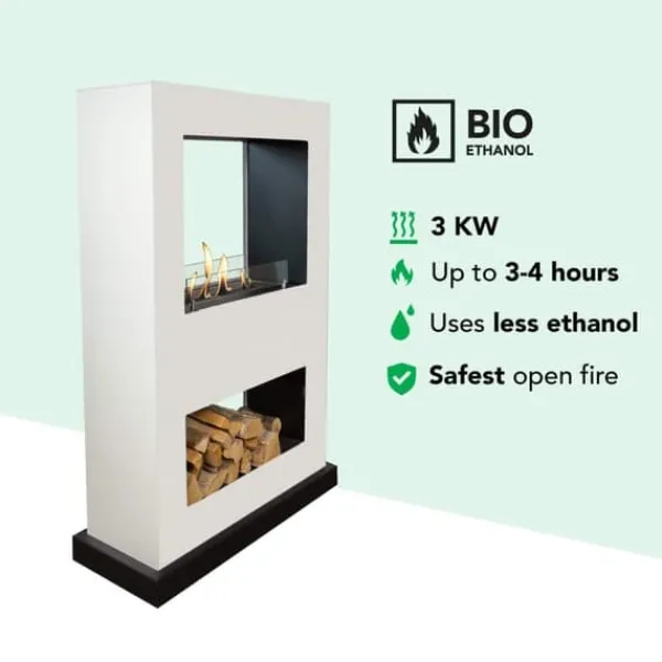Lasize BW bio-etanol genomskinlig öppen spis - Vit bio-etanol dekorativ spis - Tunnel öppen spis - Öppen spis med hjul - 3 KW värme