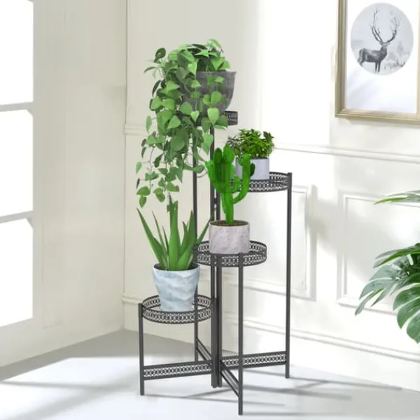 Sale Metallväxtställ, hopfällbart, högt blomkruksställ, 4 TierBlack Krukor & Växtbehållare