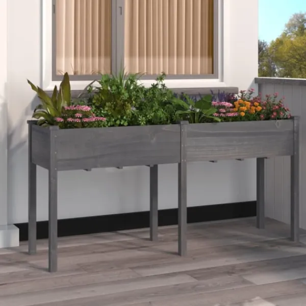 vidaXL Odlingslåda med foder grå 161x45x76 cm massivt granträ