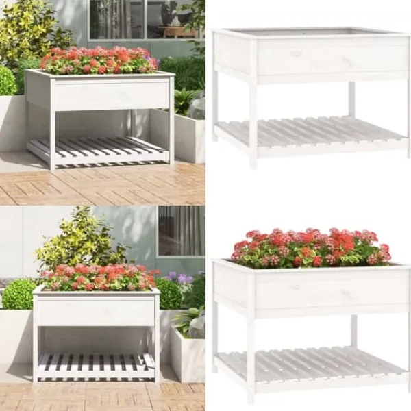 Odlingslåda med hylla vit 111,5x111,5x81 cm massiv furu - Odlingslåda Upphöjd - Odlingslådor Upphöjda - Home & Living Planteringsbänkar