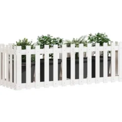 vidaXL Odlingslåda med staket-design vit 150x50x50 cm massiv furu