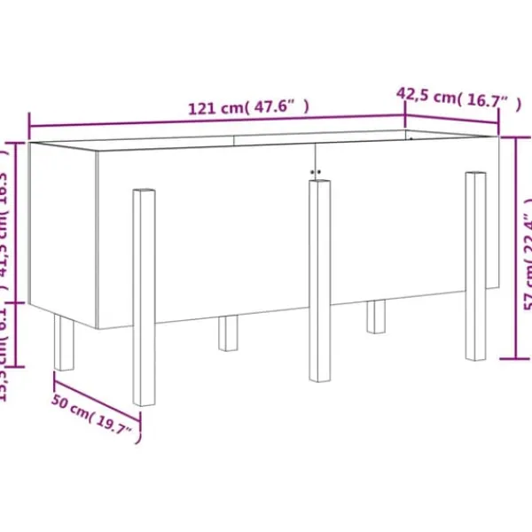 Odlingslåda på ben i massivt furuträ - Höjd: 57 cm | Färg: Grå | Storlek: 121x50 cm