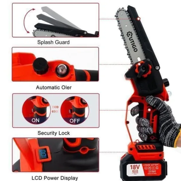 Discount OUTIGO 6 tums sladdlös elektrisk motorsåg med 2 batterier (2*3000mAh), 3 kedjor + 1 kedjesvärd Trädgårdsmaskiner