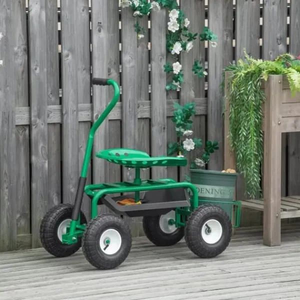 Outsunny Trädgårdsvagn med Svängbar Sits, Höjdjusterbar - Grön Metall, 150 kg