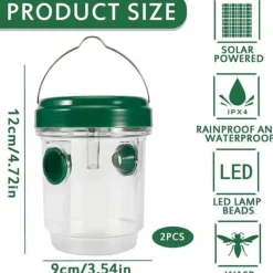 Pack med 2 hängande solfångare för getingar med LED-lampa, återanvändbara flugtraps och väddor för utomhus- och inomhusbruk.