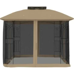 Paviljong med dubbelt tak och nätväggar - Utomhusavkoppling | Färg: Taupe | Storlek: 2,94x2,94 m