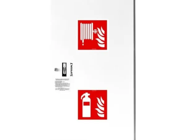 Clearance Pendelbrandpost DN52 med korg, 850x500x200, med brandsläckarförvaring, slang 2x20m, patentlås, RAL 9003 Brandsläckare