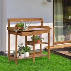 Planteringsbord med balja, trä, 112 cm högt – stabilt & väderbeständigt
