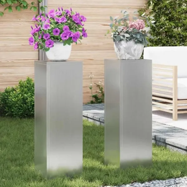 Discount Planteringslåda i galvaniserat stål - 2 st utomhus blomsterställ | Storlek: 24x24x75 cm | Färg: Grå Växtställ