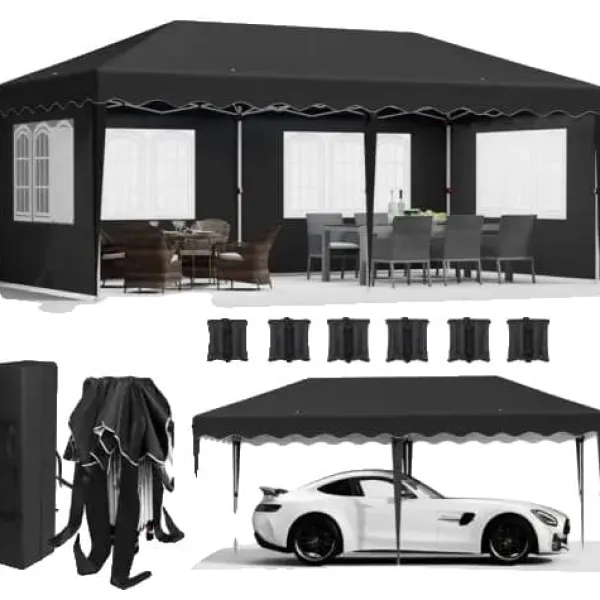Pop-Up Paviljong 3m x 6m, Vattentät med UV-skydd, Enkel Uppsättning,svart