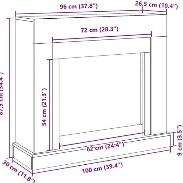 Öppen spisinsats i svart ek - Dekorativ spiselkrans för LED-låga | Färg: Svart | Storlek: 100x30x87,5 cm