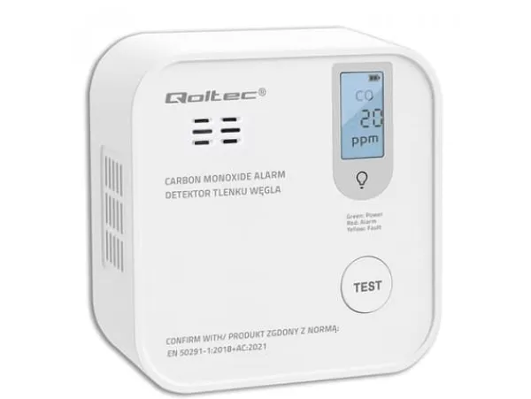 Qoltec certifierad trådlös kolmonoxiddetektor (Chad) med batteri | CO-detektor | sensorlivslängd 10 år | 85dB larm | LED