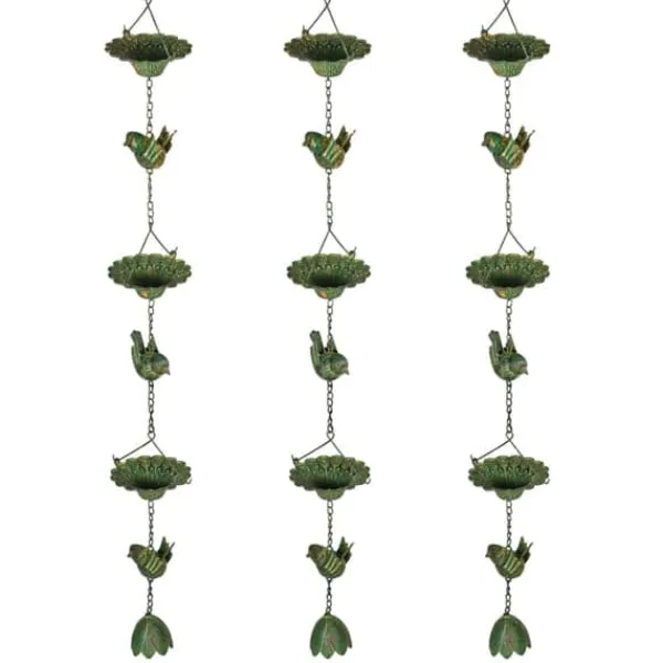 Regnkedja 3-pack, 123 cm, metall med fåglar & klocka, med upphängning, grön