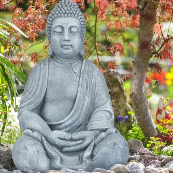 Discount Relaxdays Buddha-statyn, Buddha-figur, trädgårdsdekoration, keramikskulptur, Zen 50 cm, ljusgrå Trädgårdsprydnader