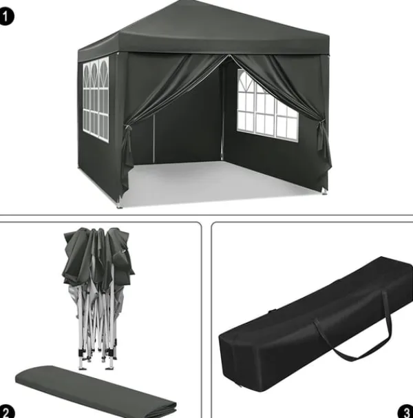 Outlet Rootz Gazebo Pop-Up-tält - Vattentät Pagoda - Solskydd - UV-skydd, Regnbeständig, Enkel installation - Metall och 210D Oxford-tyg - 3 x 3 m Grå Tält & Lusthus