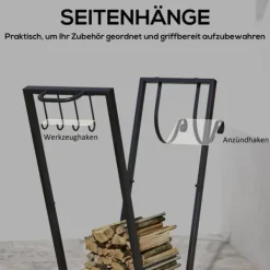 Rootz Trapetsformad vedförvaringshylla - Metallstockhållare - Pulverlackerad - Dekorativ design - Upphöjd trähylla - Mobila hjul - 79cm x 30cm x 81cm | CDON