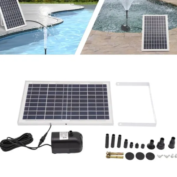 Outlet Solcellsfontänpump för damm/pool/akvarium - Vattenpump Kit - 10 W - 24 V Borstlös - Max 1000 l/h - Munstycken Ingår - Plast - Svart Fontäner & Dammar