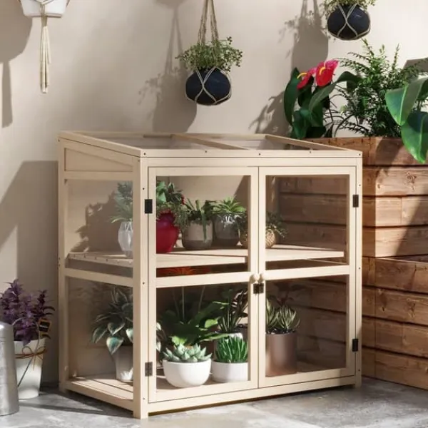 Trädrivbänk 2-stegs med dubbeldörr & takfönster, vindskydd, 103x61x103 cm, natur Växthus