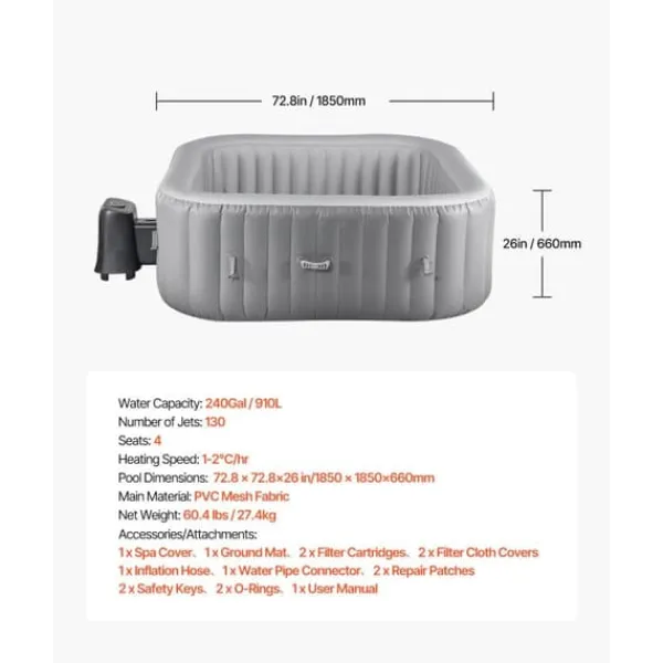 Uppblåsbar Bubbelpool, 4-6 Personer, 1850x660mm, Kvadratisk, Bärbar Utomhusspa