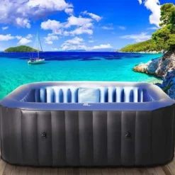Discount Uppblåsbar jacuzzi – Ø165 cm – 3 personer – 105 massagestrålar – Med pump, lock och filter – Svart/vit – Rund – Upp till 42°C Spa & Utomhusbad