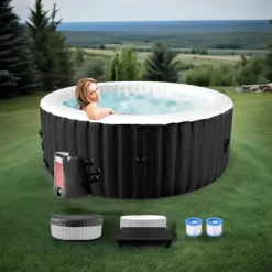 Discount Uppblåsbar oval bubbelpool med LED-belysning – 2 personer – 90 bubbelstrålar – 2400W – Ø 180 x 120 x 65 cm – Inklusive överdrag, golvduk och filterpum | CDON Spa & Utomhusbad