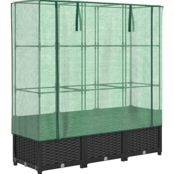 Upphöjd odlingslåda med växthusöverdrag i rottinglook | Storlek: 120x40x138 cm