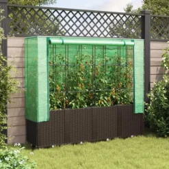 Upphöjd odlingslåda med växthusöverdrag i rottinglook | Storlek: 160x40x153 cm