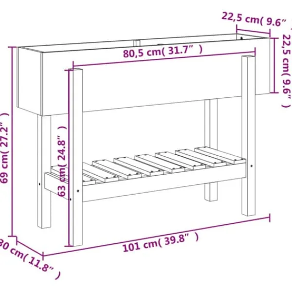 Upphöjd odlingslåda på ben i massiv furu | Storlek: 101x30x69 cm | Färg: Naturlig träfinish Planteringsbänkar