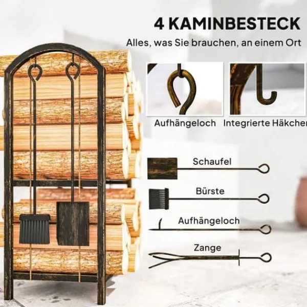 Sale Vedställ 43×30×74 cm, 2 nivåer, med 4 eldstadsverktyg och krokar Tillbehör Till Vedeldade Kaminer & Öppna Spisar
