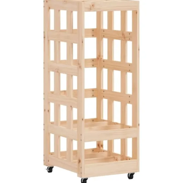 Hot Vedställ med hjul i massiv furu - Förvaring av ved | Storlek: 40x49x110 cm Tillbehör Till Vedeldade Kaminer & Öppna Spisar