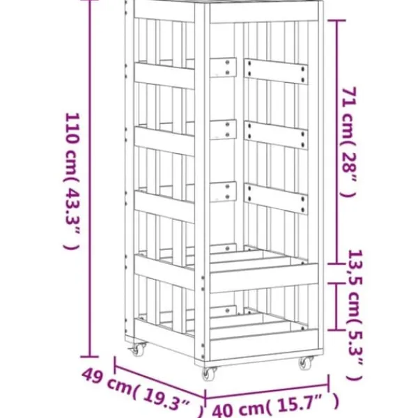 Hot Vedställ med hjul i massiv furu - Förvaring av ved | Storlek: 40x49x110 cm Tillbehör Till Vedeldade Kaminer & Öppna Spisar