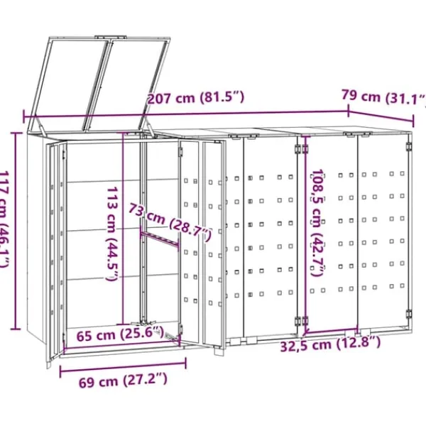 vidaXL Skjul för sopkärl för 3 platser antracit 207x79x117 cm stål