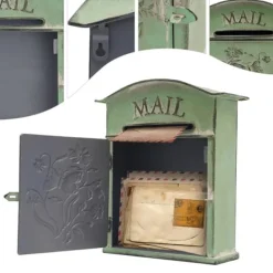 Online Vintage Brevlåda - Väggmonterad Brevlåda - För Staket - Präglad Metall - Utomhusbruk - 27×10,5×31,2 cm - Brevinkast 9,5×1,5 cm - Grön Postlådor & Brevlådor