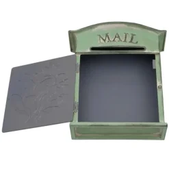 Vintage utomhusbrevlåda - Väggmonterad - Metall - Fjäril- & blommönster - Rustik - Brevinkast 19,5×1,5 cm - 27×10,5×31,2 cm - Militärgrön