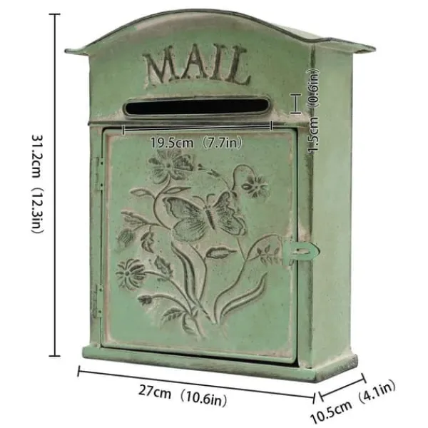 Vintage utomhusbrevlåda - Väggmonterad - Metall - Fjäril- & blommönster - Rustik - Brevinkast 19,5×1,5 cm - 27×10,5×31,2 cm - Militärgrön