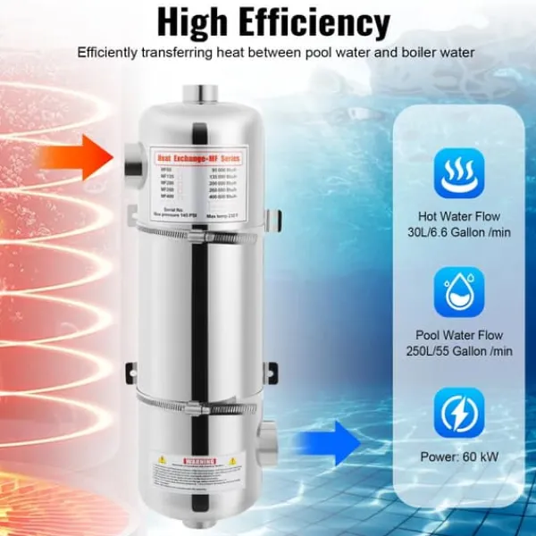 Värmeväxlare för pool i rostfritt stål, 60 kW, SPA-termostatvärmare, cirkulationsuppvärmning, silver