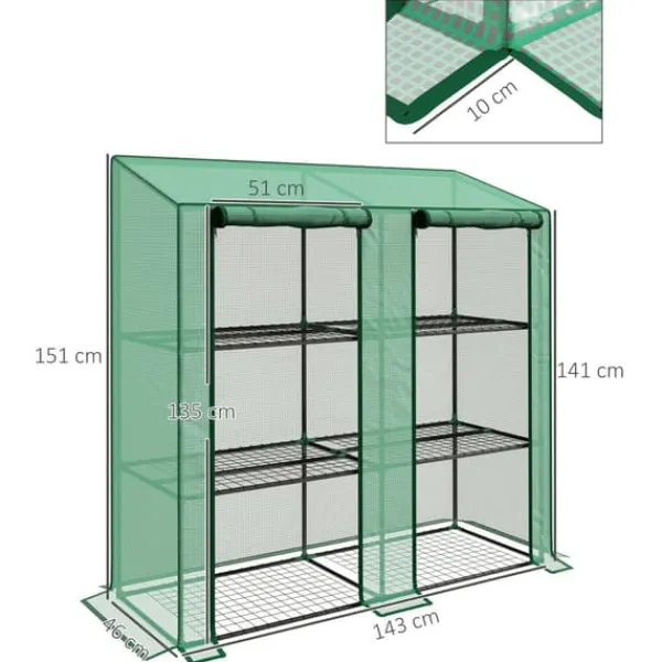 Växthus med 3 hyllplan - Trädgårdsväxthus - Vattentätt - 143×46×141/151 cm - Grön